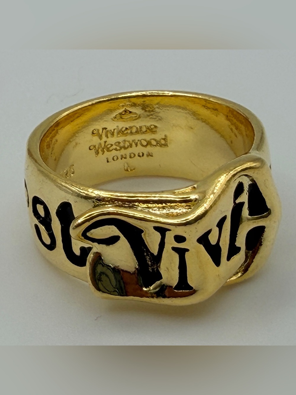 Vivienne Westwood Sterling 925 Gold Black Script Band Belt Ring London Very Good